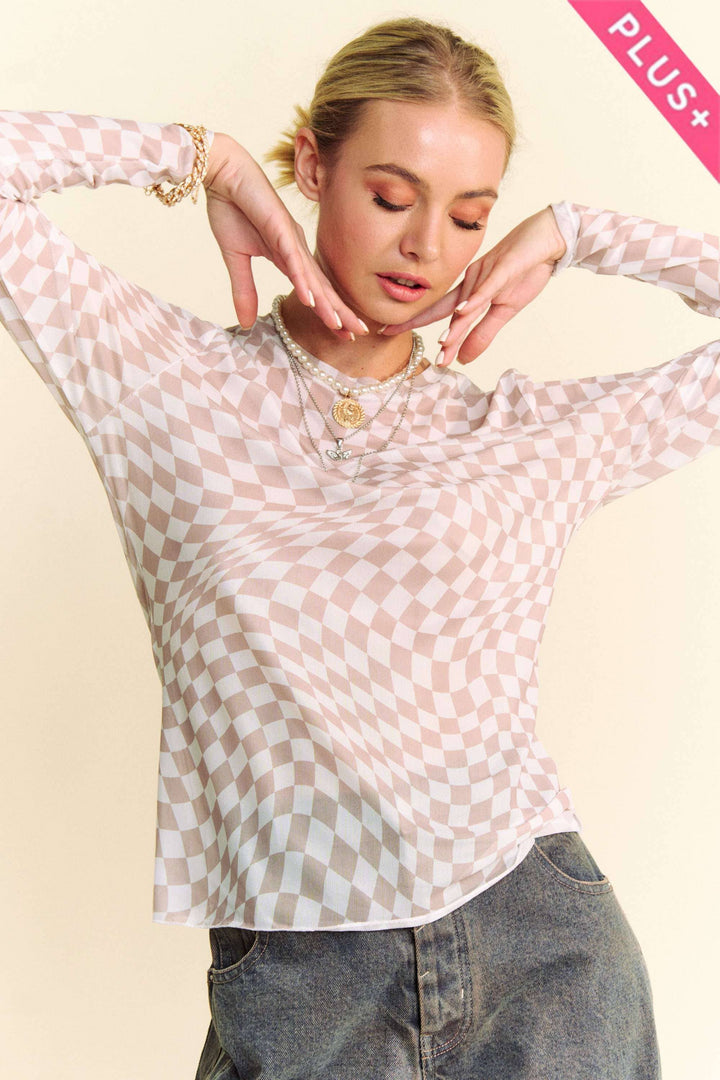 Plus Size Checkered Board Mesh Long Sleeve: Ivory