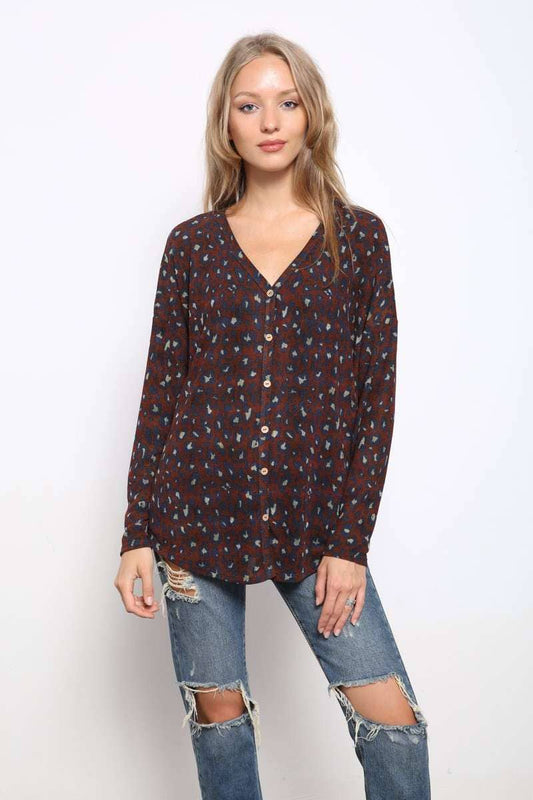 Animal Print Button Front Knit Top with V-neckline, button front detail, drop shoulders, long sleeve