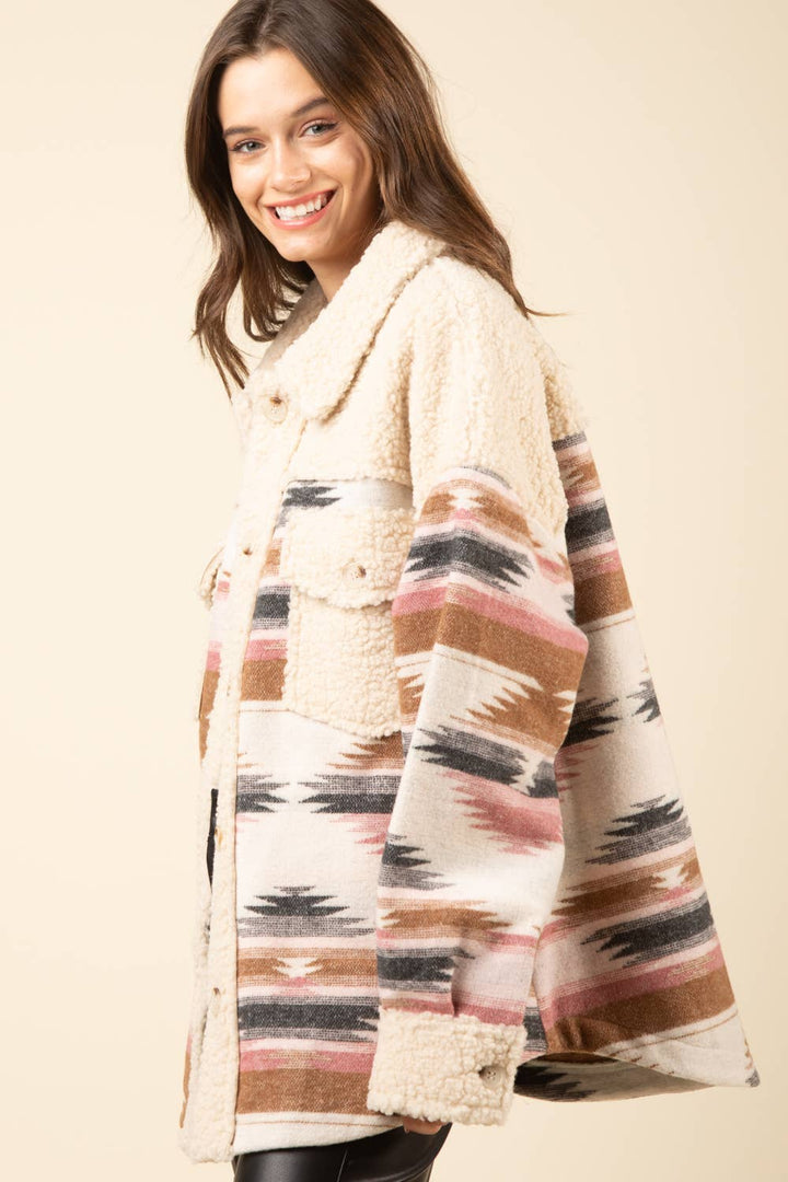 PLUS SIZE Aztec Graphic Sherpa Jacket Shacket