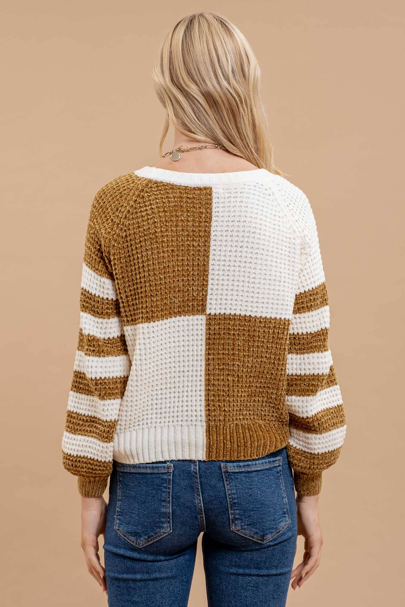 back view of Mustard Checkered and Stripe Sweater with a round neckline and drop shoulders, featuring velvet knit texture, available at Onyx Native.