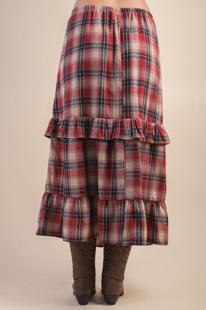Ruffle Red Check Plaid Tiered Midi Skirt