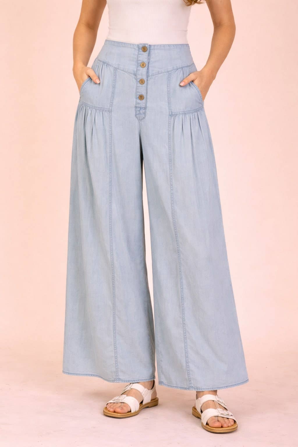 Plus Size Mineral Washed Chambray Wide Pants