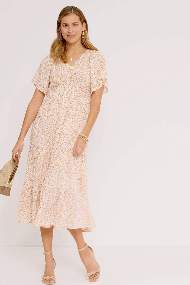 Wendy Floral Panel Smocked Tiered Midi Dress