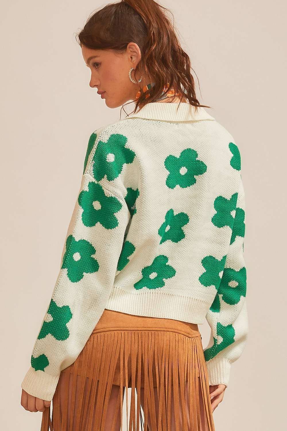Flower Print Oversize Collar Neck Sweater