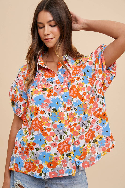 Floral Printed Puff Sleeves Blouse with drapery woven fabric, button-down front, and short puff sleeves. Relaxed fit for stylish comfort.