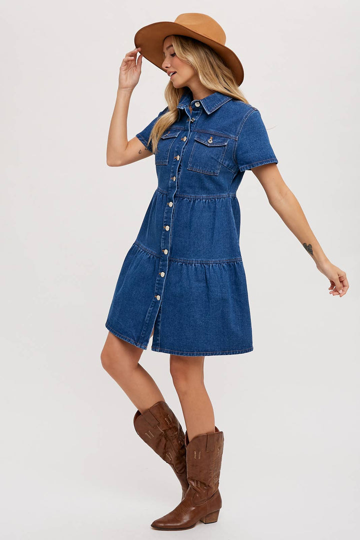 DENIM TIERED BUTTON FRONT SHIRT DRESS