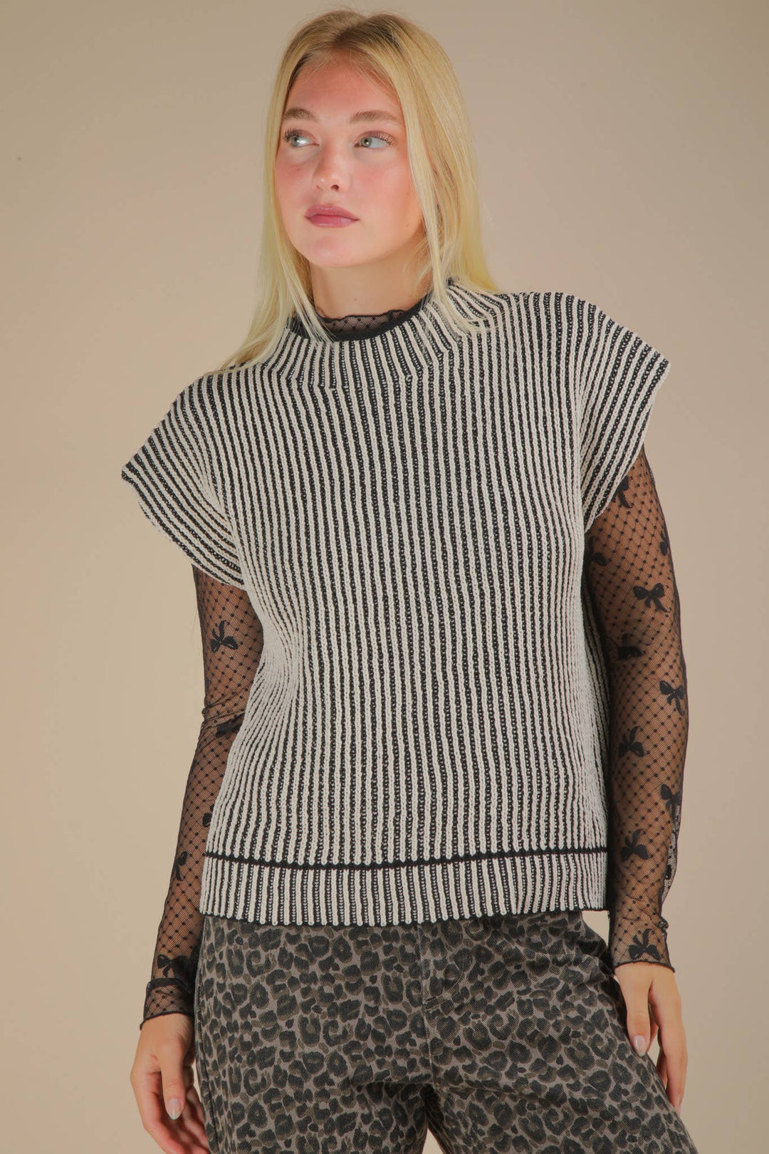 Two Tone Ribbed Knit Sweater Vest