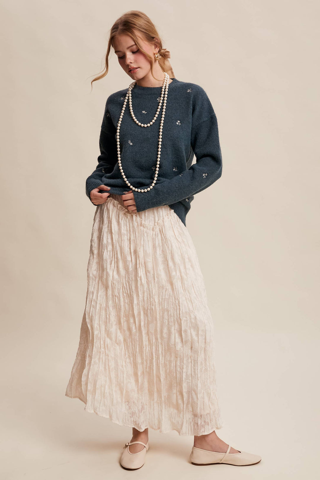 Embroidered Dot Knit Sweater Emerlad