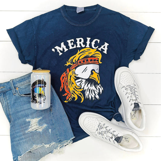 Merica Eagle Graphic Shirt, 100% cotton, mineral wash, unisex fit, crew neck, short sleeve, featuring a bold eagle graphic in white ink.