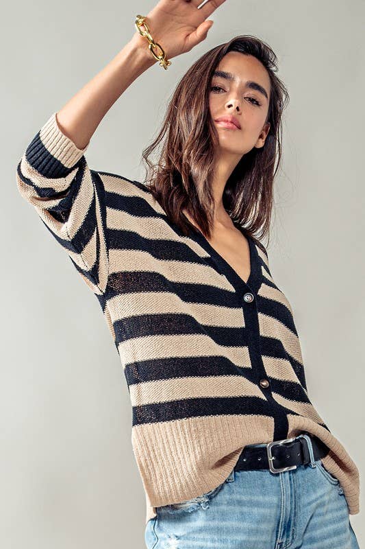 alternate view of Carly Cozy and Free Striped Cardigan with ribbed trim and slightly oversized fit, ideal for casual layering.