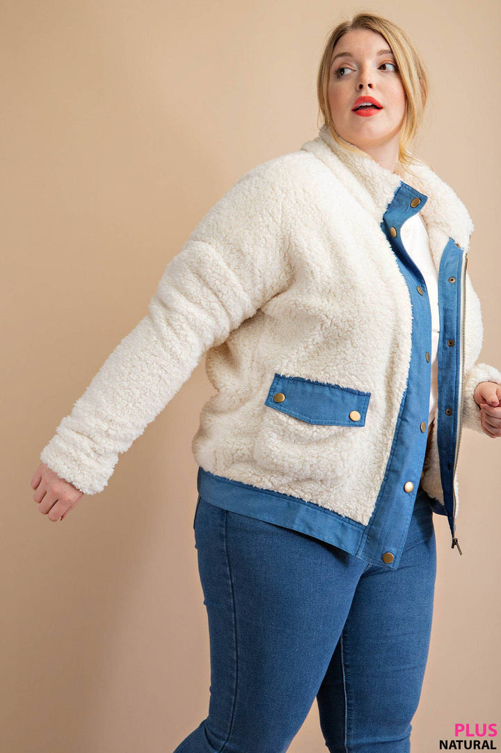 SOFT FAUX FUR CHAMBREY CONTRAST SNAP BUTTON JACKET