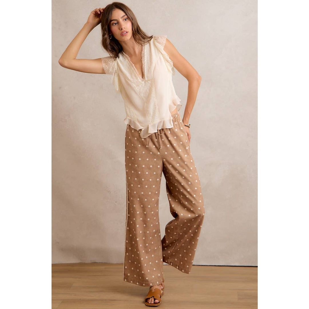 LACE SIDE TRIM POLKA DOT MID RISE WIDE LEG PANTS