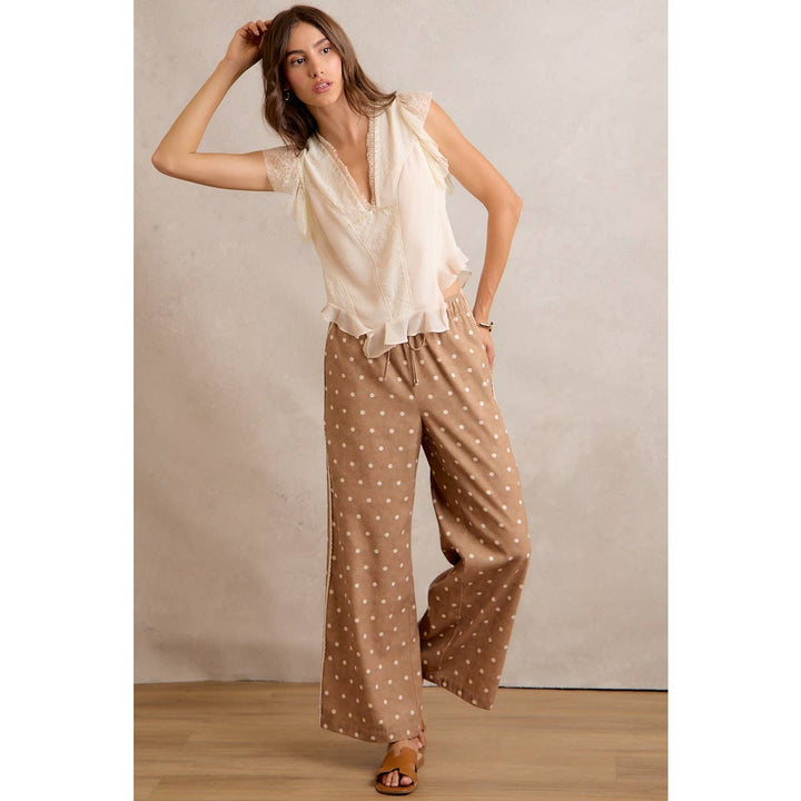 LACE SIDE TRIM POLKA DOT MID RISE WIDE LEG PANTS
