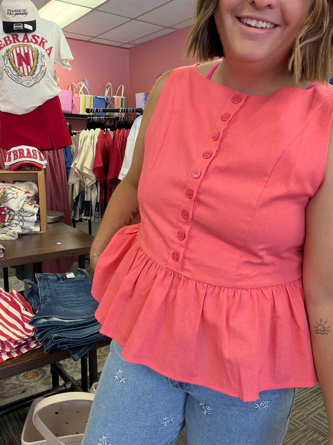 PEPLUM BUTTON-UP TOP