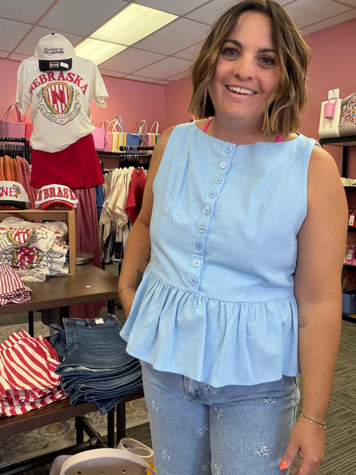 PEPLUM BUTTON-UP TOP
