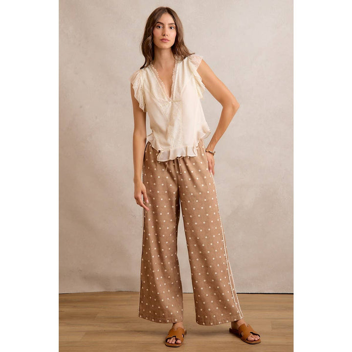 LACE SIDE TRIM POLKA DOT MID RISE WIDE LEG PANTS