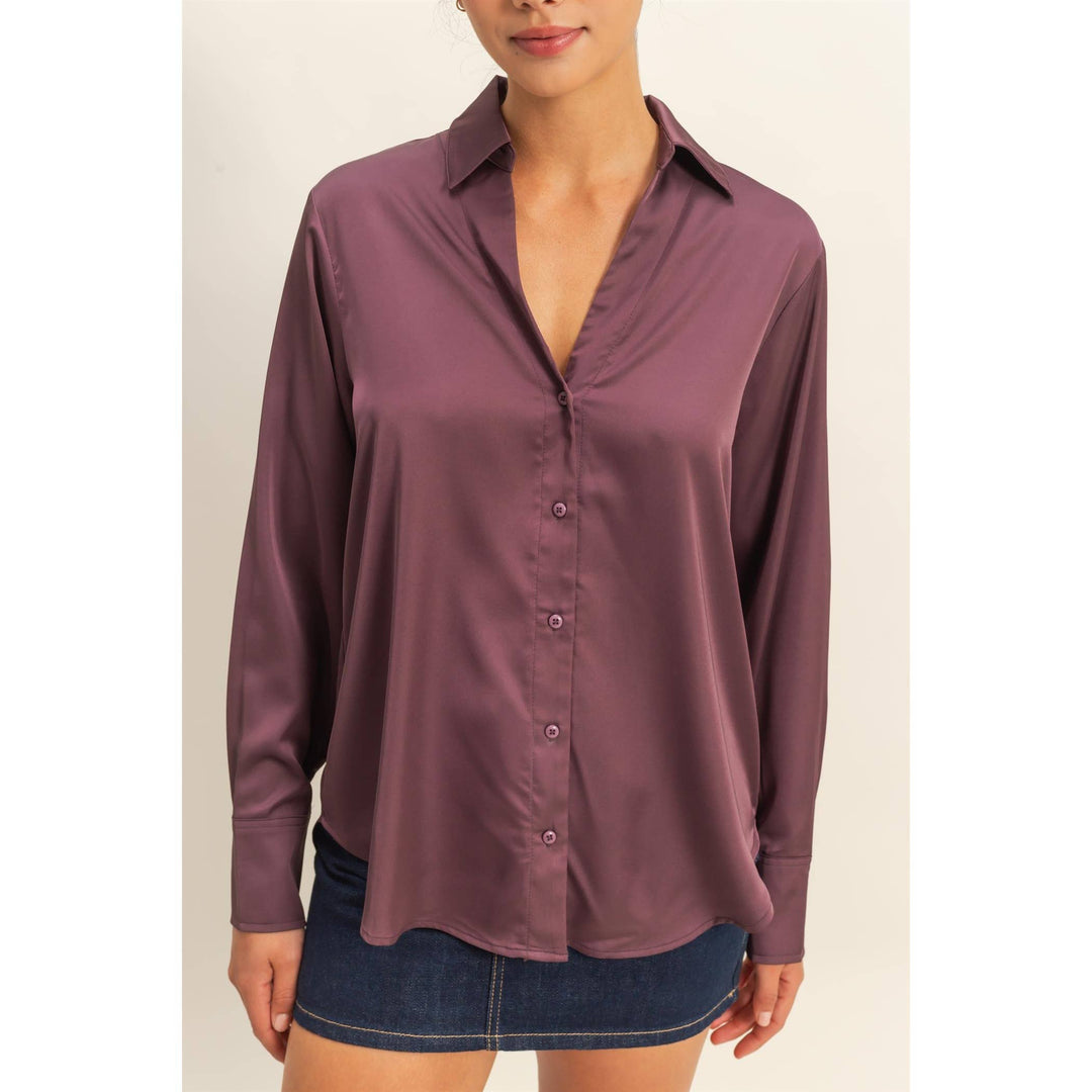 Button-Up Satin Shirt With Collared Neckline: DARK CHERRY