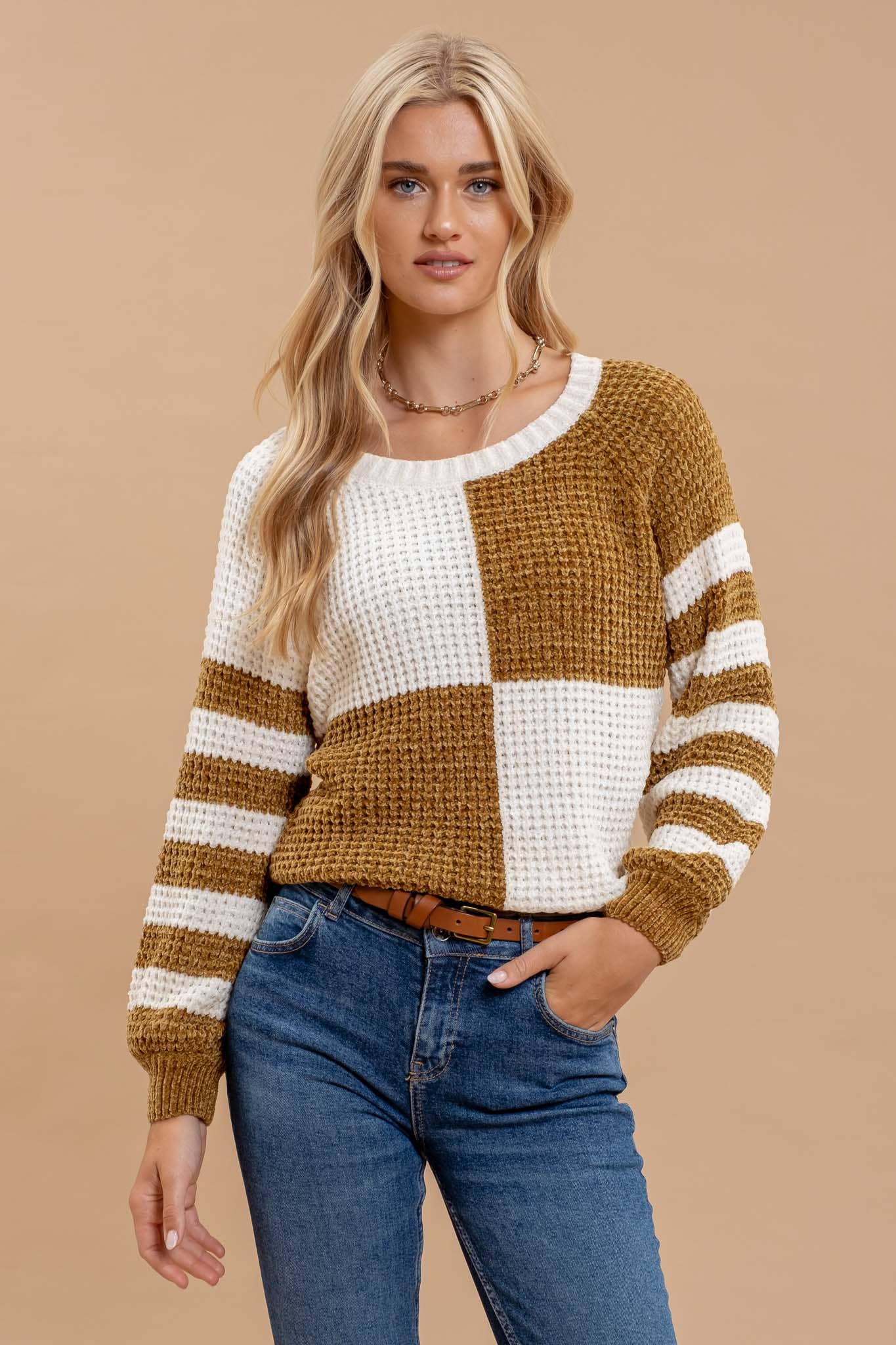 Mustard Checkered and Stripe Sweater with a round neckline and drop shoulders, featuring velvet knit texture, available at Onyx Native.