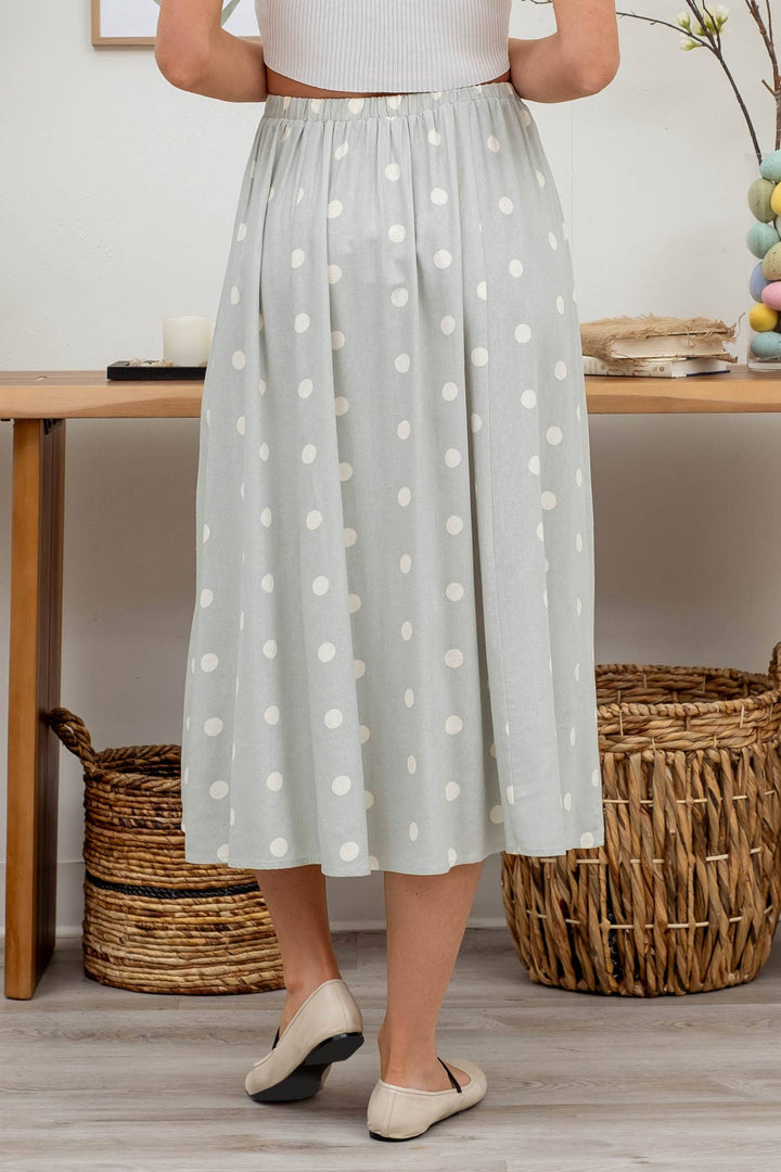POLKA DOT BUTTON DOWN MIDI SKIRT: SAGE