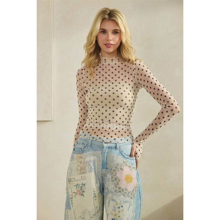 Lace Long Sleeve See Through Top: Ivory Polka Dot