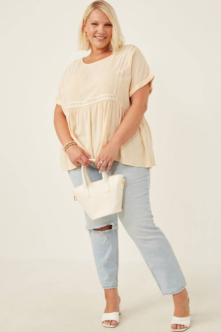 Womens Crochet Trimmed Dolman Sleeve Babydoll Top: Taupe