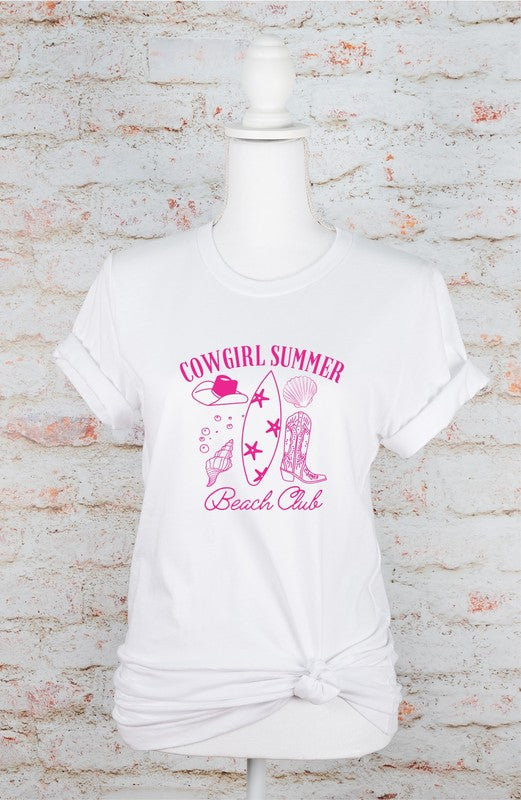 straight white view of Cowgirl Summer Beach Club Graphic Tee - Unisex 100% Combed and Ring-Spun Cotton T-Shirt