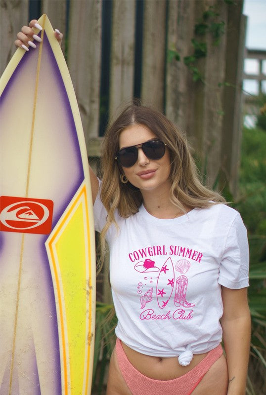 model wearing Cowgirl Summer Beach Club Graphic Tee - Unisex 100% Combed and Ring-Spun Cotton T-Shirt