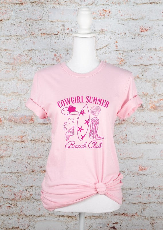 pastel pink view of Cowgirl Summer Beach Club Graphic Tee - Unisex 100% Combed and Ring-Spun Cotton T-Shirt