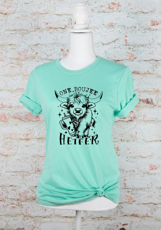 sea green colored One Boujee Heifer Graphic Tee - Unisex 100% Ring Spun Cotton T-Shirt