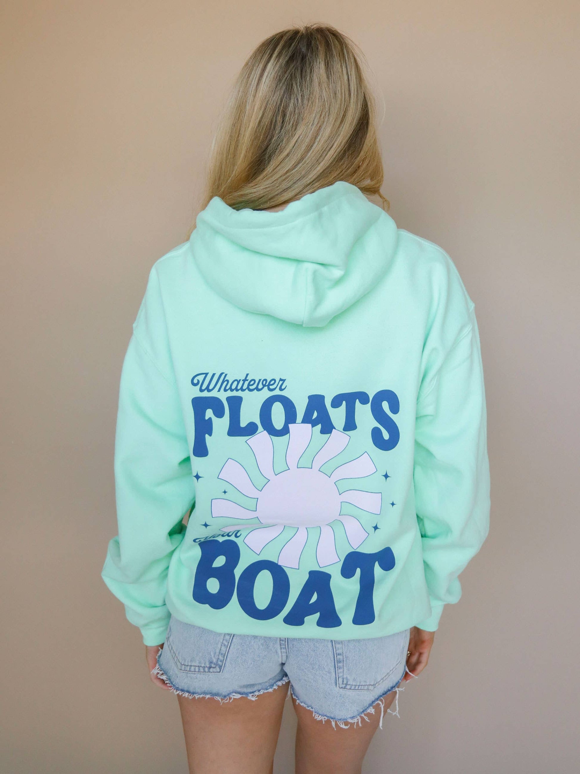 back view of Whatever Floats Your Boat' Hoodie in lime green with bright front and back designs. Perfect for lake days. Available in sizes Small to XL. 