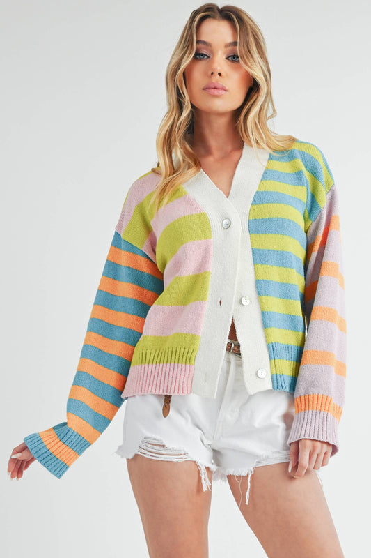 Flavia Sweater featuring mixed stripes, drop-shoulder design, cashmere-blend fabric, deep V-neck, and front button closure.