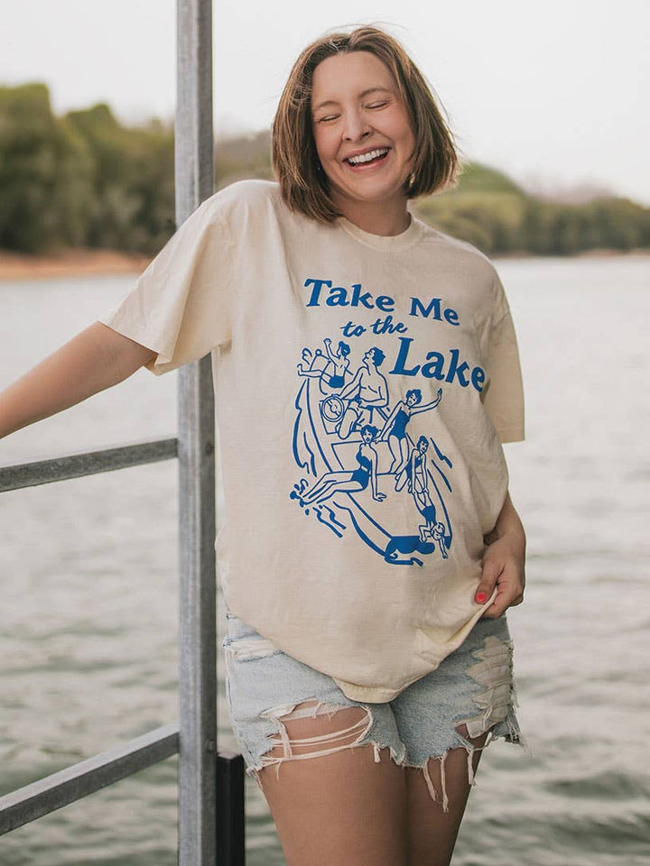 outside view Take Me to the Lake Tee — cream Comfort Colors® tee with vintage blue lake graphic, Jo Johnson Overby collaboration by Onyx Native

