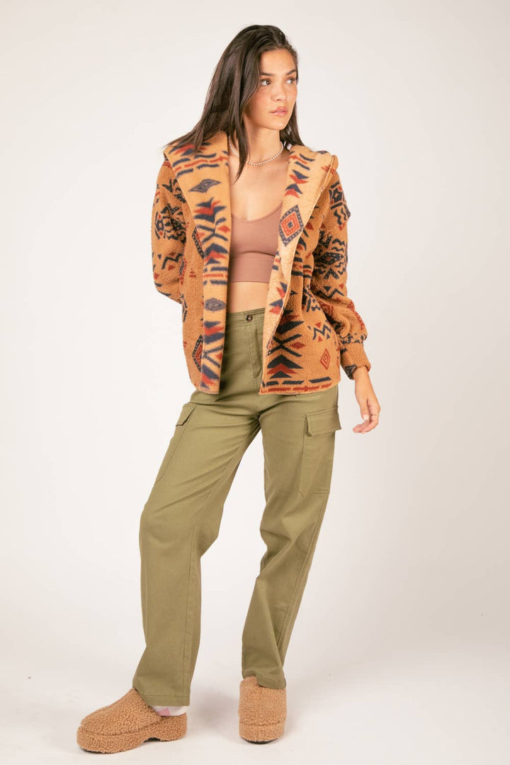PLUS SIZE Aztec Print Hood Oversize Fleece Jacket: CAMEL