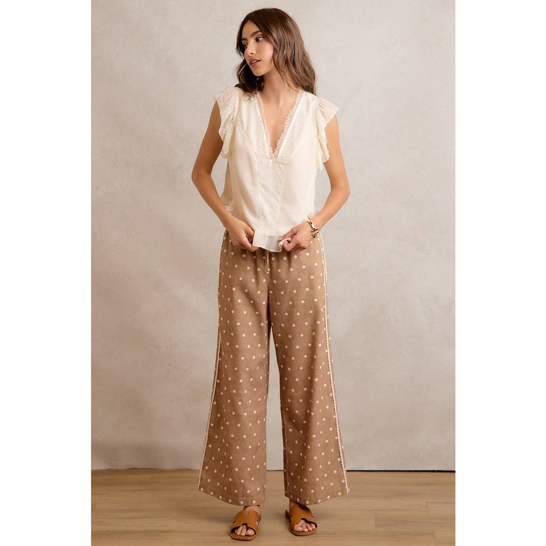 LACE SIDE TRIM POLKA DOT MID RISE WIDE LEG PANTS