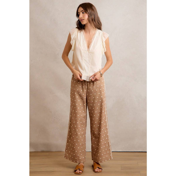 LACE SIDE TRIM POLKA DOT MID RISE WIDE LEG PANTS