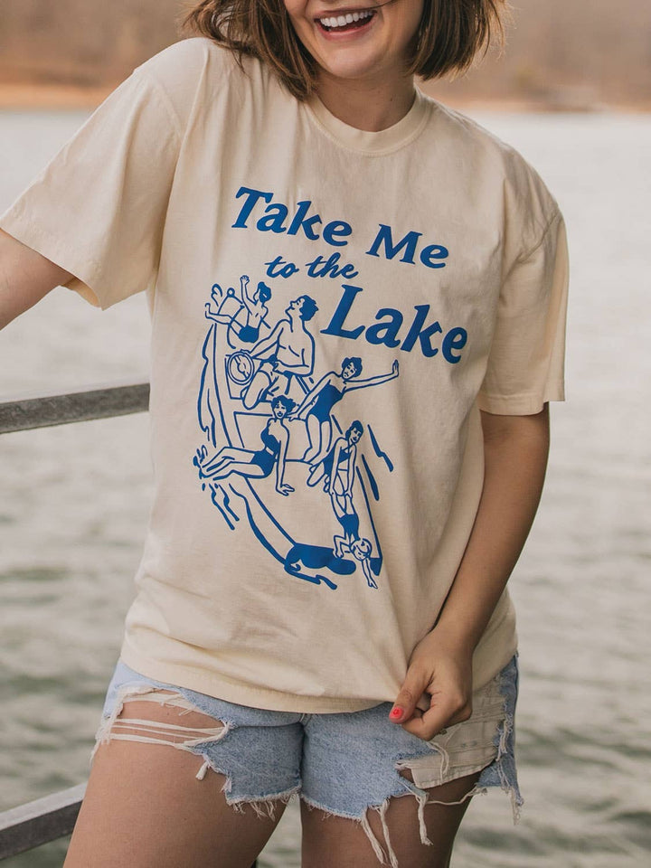 close up Take Me to the Lake Tee — cream Comfort Colors® tee with vintage blue lake graphic, Jo Johnson Overby collaboration by Onyx Native


