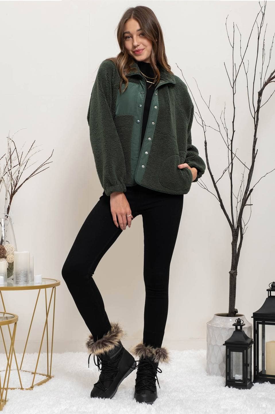 SOLID SNAP BUTTON FLEECE JACKET: HUNTER GREEN