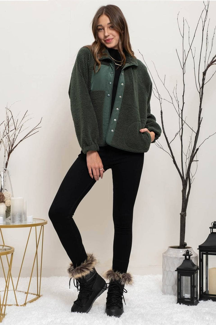 SOLID SNAP BUTTON FLEECE JACKET: HUNTER GREEN