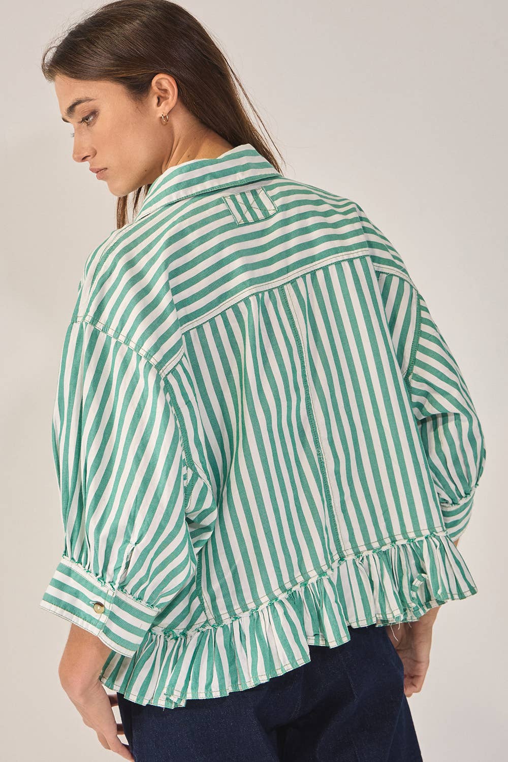 Green Springs Ruffled Detail Striped Top