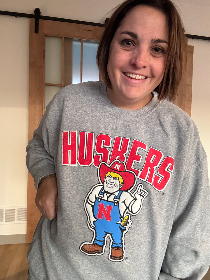 Nebraska Huskers Cartoon Mascot Gray Thrifted Sweatshirt