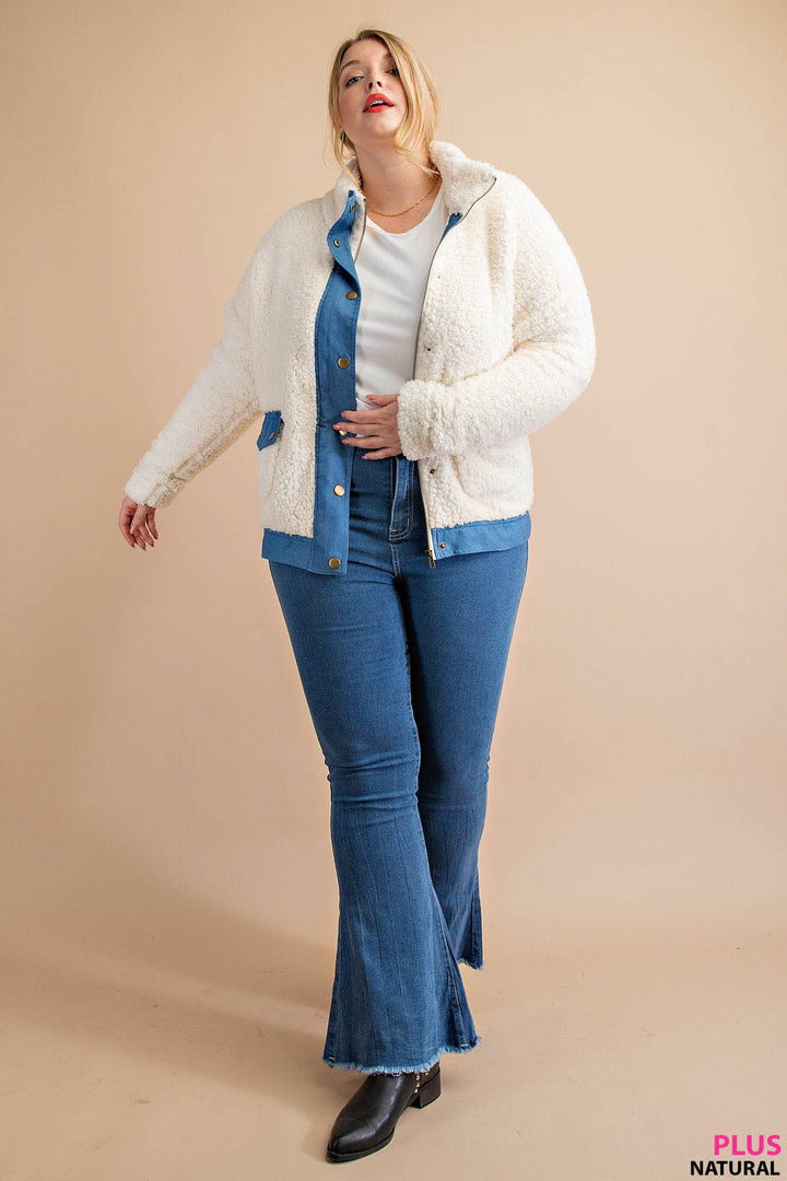 SOFT FAUX FUR CHAMBREY CONTRAST SNAP BUTTON JACKET