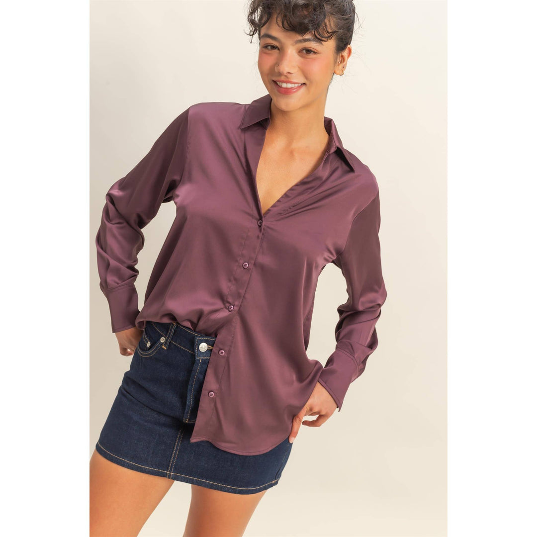 Button-Up Satin Shirt With Collared Neckline: DARK CHERRY