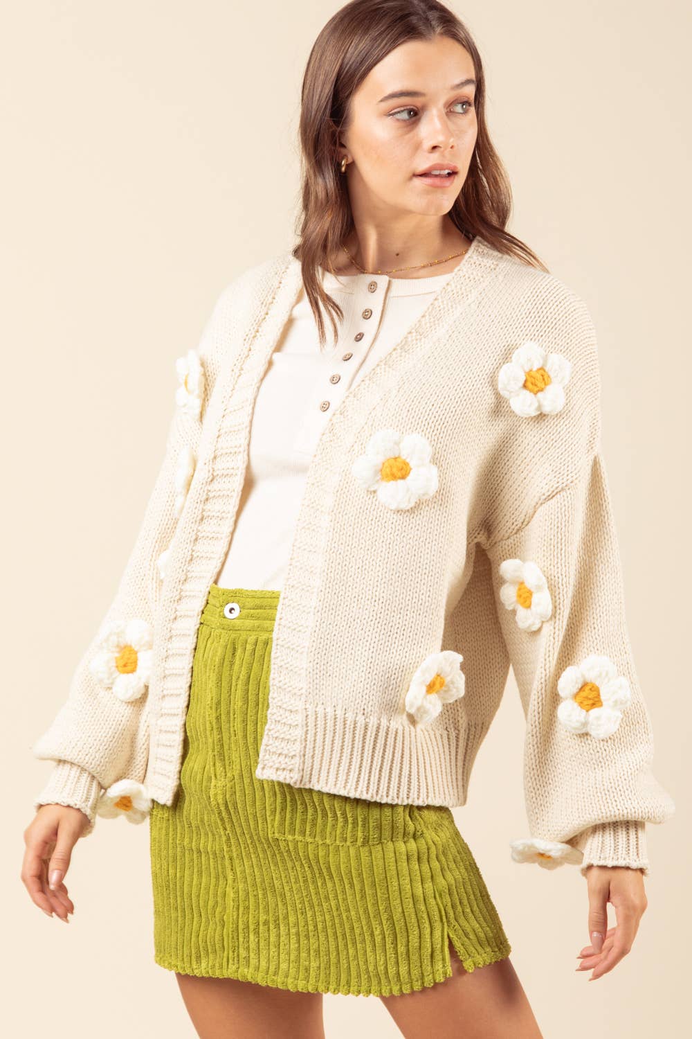 Multi-Pattern Chunky Knit Cardigan: DAISY-CREAM