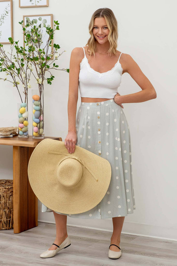 POLKA DOT BUTTON DOWN MIDI SKIRT: SAGE