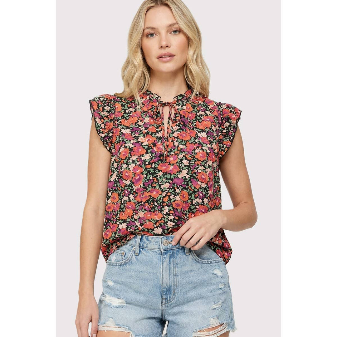 KEYHOLE TIE NECK FLORAL PRINTED TOP