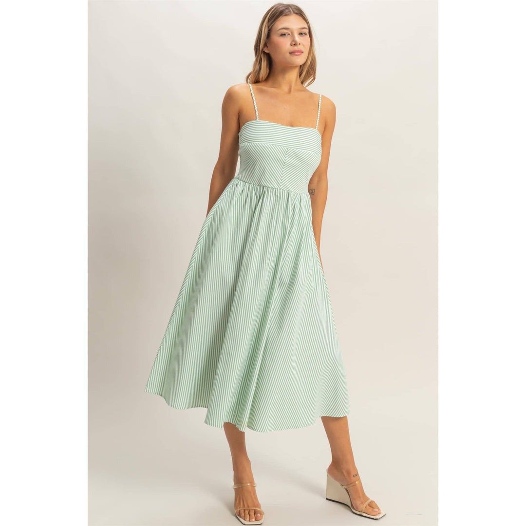 Striped Spaghetti Strap Dress: Sage Green & Orange