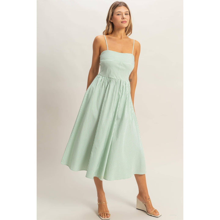 Striped Spaghetti Strap Dress: Sage Green & Orange
