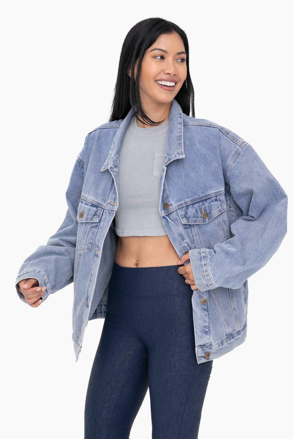 slight side view of Roxy Boxy-Cut Denim Jacket in 100% cotton, oversized fit with breast and side pockets, available at Onyx Native.