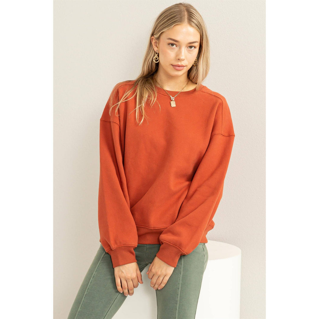 zoomed out view of Just a Hint Drop Shoulder Sweatshirt in soft cotton blend with crewneck and long sleeves, designed in the USA, available at Onyx Native.