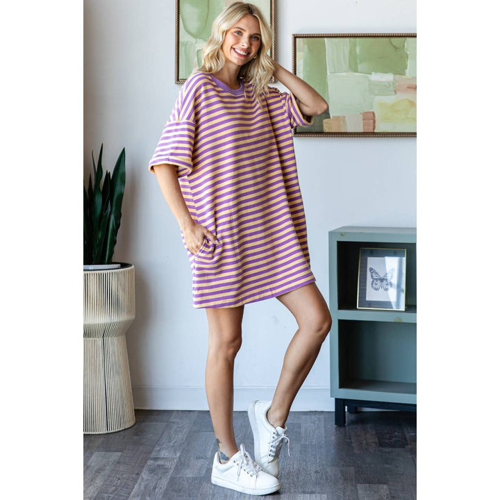 Yellow/Purple Stripe Knit Pullover Oversized Tee Dress